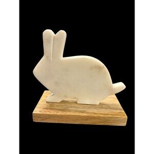 White Marble Bunny Figurine On Wooden base- Minimalist Rabbit Sculpture - India